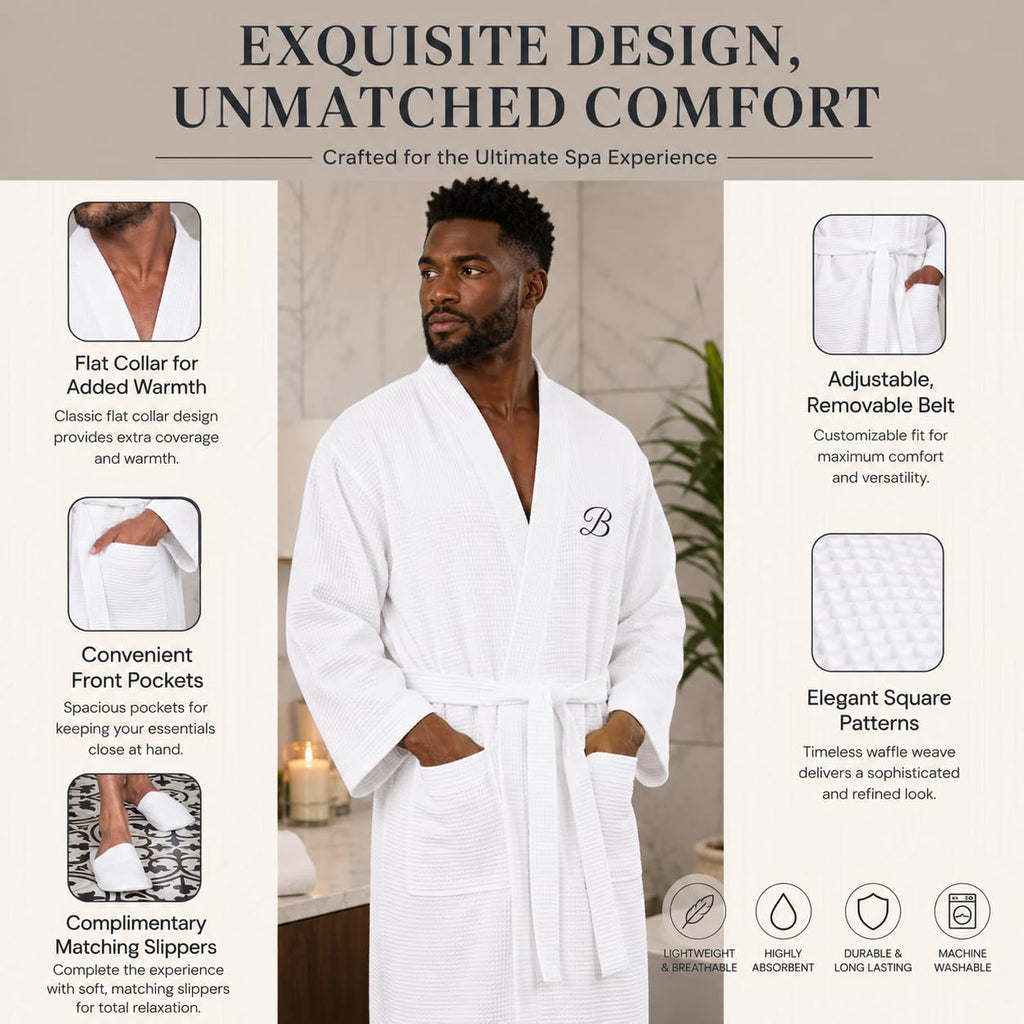 Men's Waffle Robe, Custom Personalized Bathrobe for Men | Lightweight cotton-blend waffle robe, quick-dry.