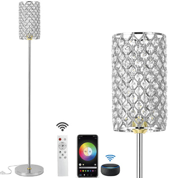 Crystal Floor Lamp with Remote Control, Smart Modern Silver Floor Lamps, Crystal Standing Lamp Silver Home Décor