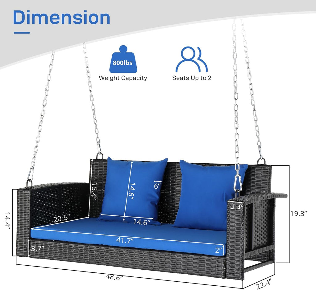 Wicker 2-Person Hanging Porch Swing Outdoor with Blue Cushion | Sturdy hanging bench swing holds up to 800 lbs