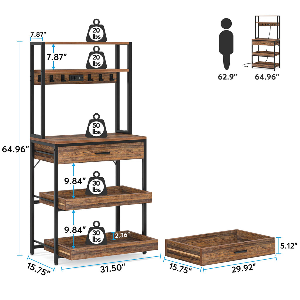 Kitchen Baker's Rack with Power Outlets, Freestanding 5-Tier Microwave Stand with Drawers & Sliding Shelves, Coffee