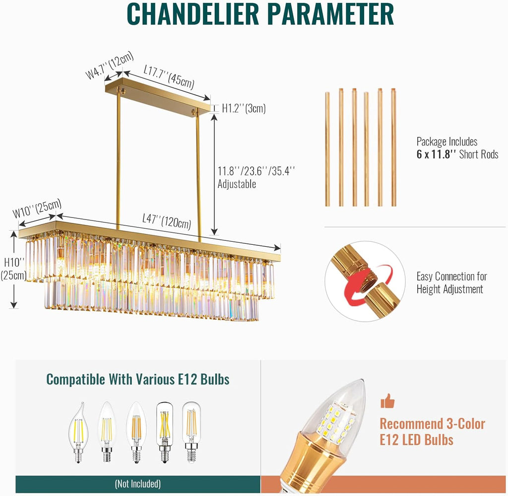 Inspired Odeon Style 12-Light Gold Rectangular K9 Raindrop Crystal 2-Tier Chandelier L47" x W10" x H10"