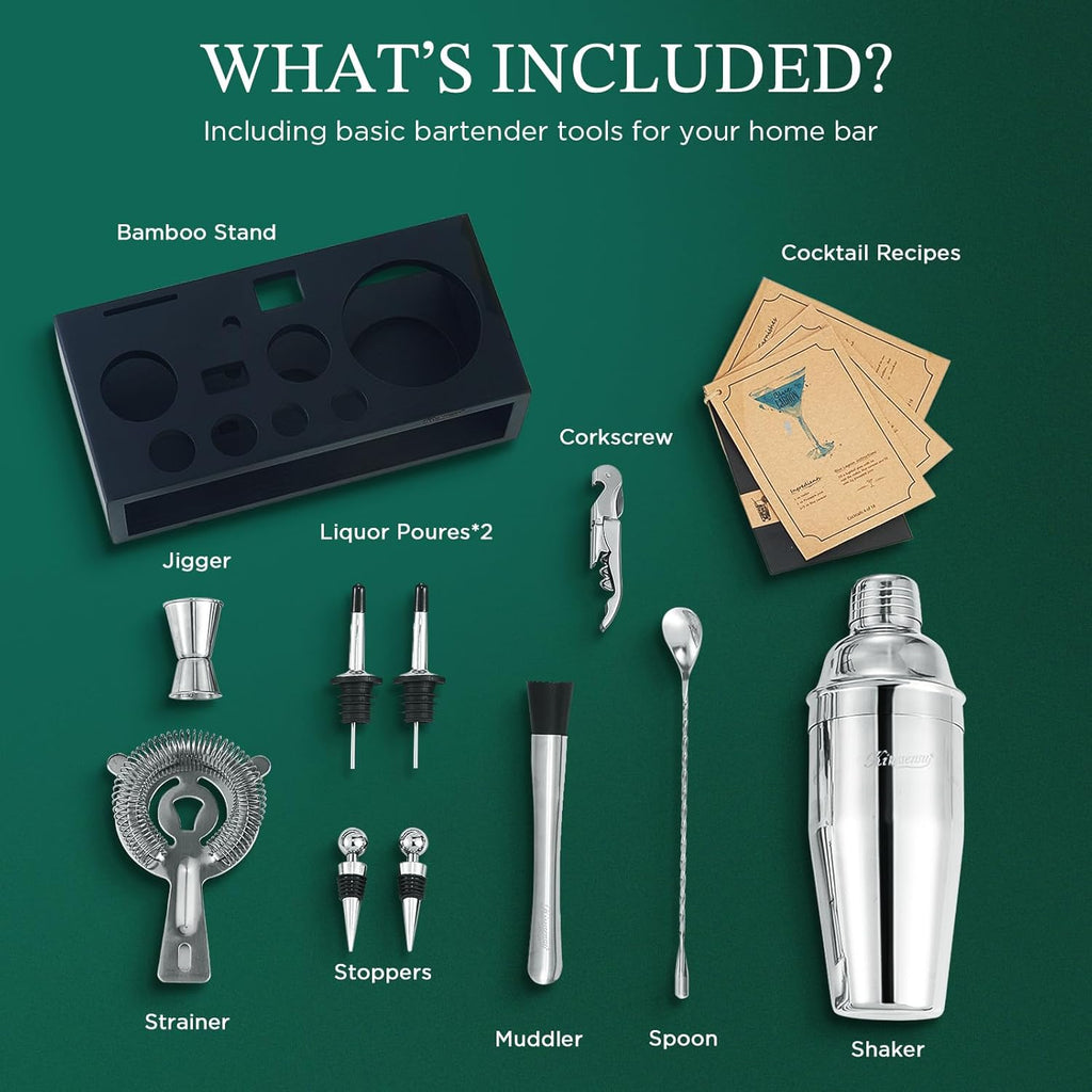 Cocktail Shaker Set with Stand | Mixology Bartender Kit Bar Set with Essential Bar Accessories Bar: Martini Shaker