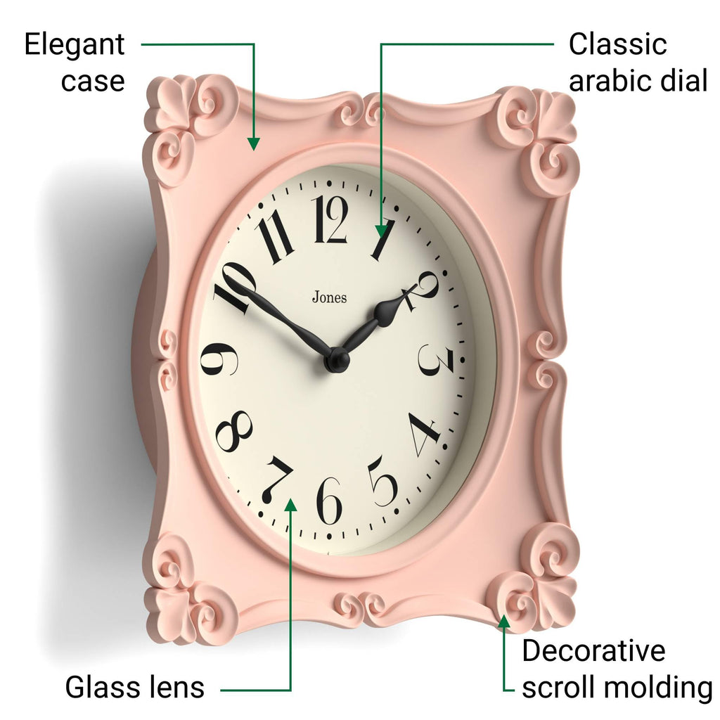 Rialto wall Clock | Ornate Square Clock | 10" | Pink
