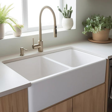 Turner 33 in White Fireclay Farmhouse Sink, Double Bowl | SureFire chip-resistant glaze, apron front undermount