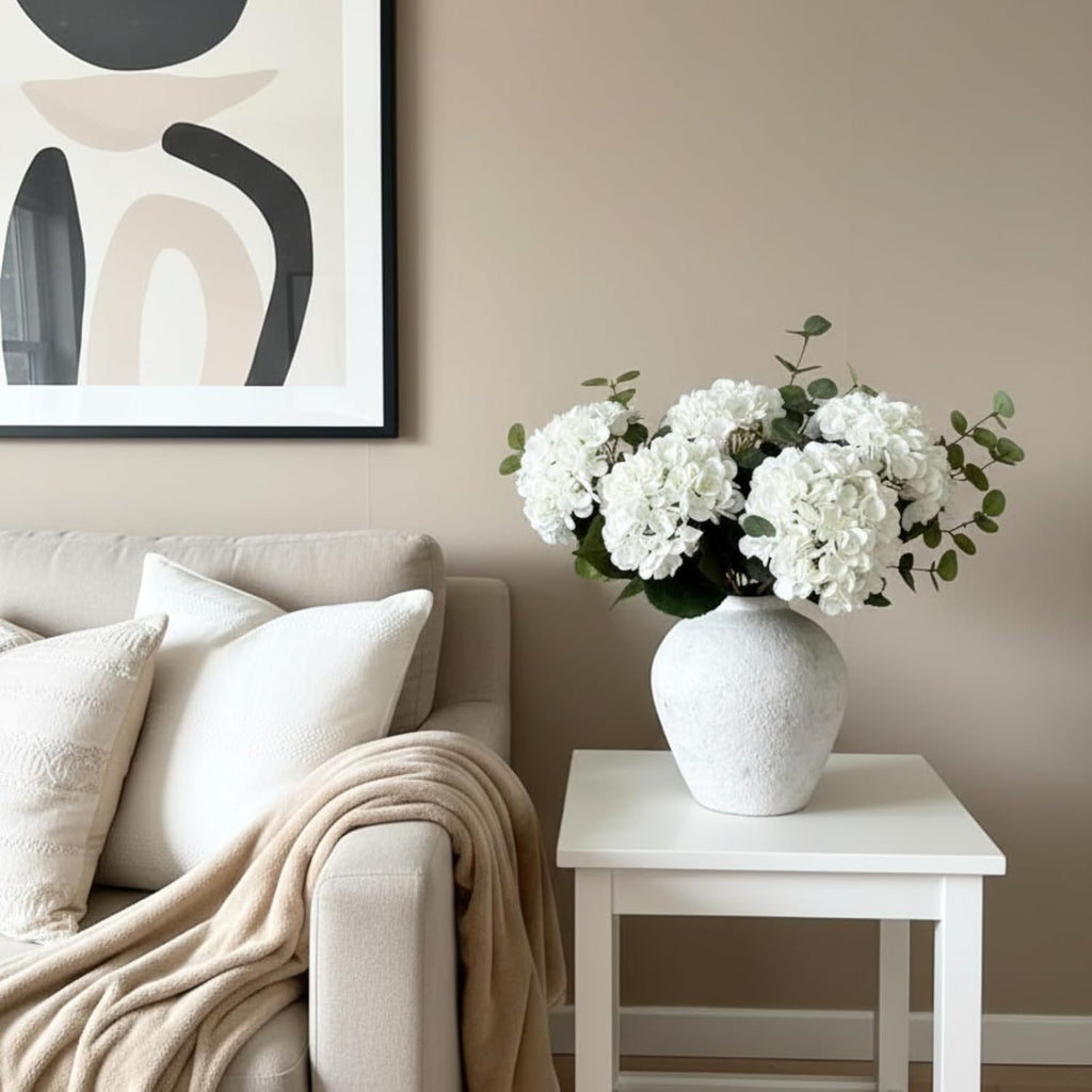 Real Touch White Faux Hydrangea And Eucalyptus Arrangement, Faux Floral Arrangements, Hyper Realistic Artificial