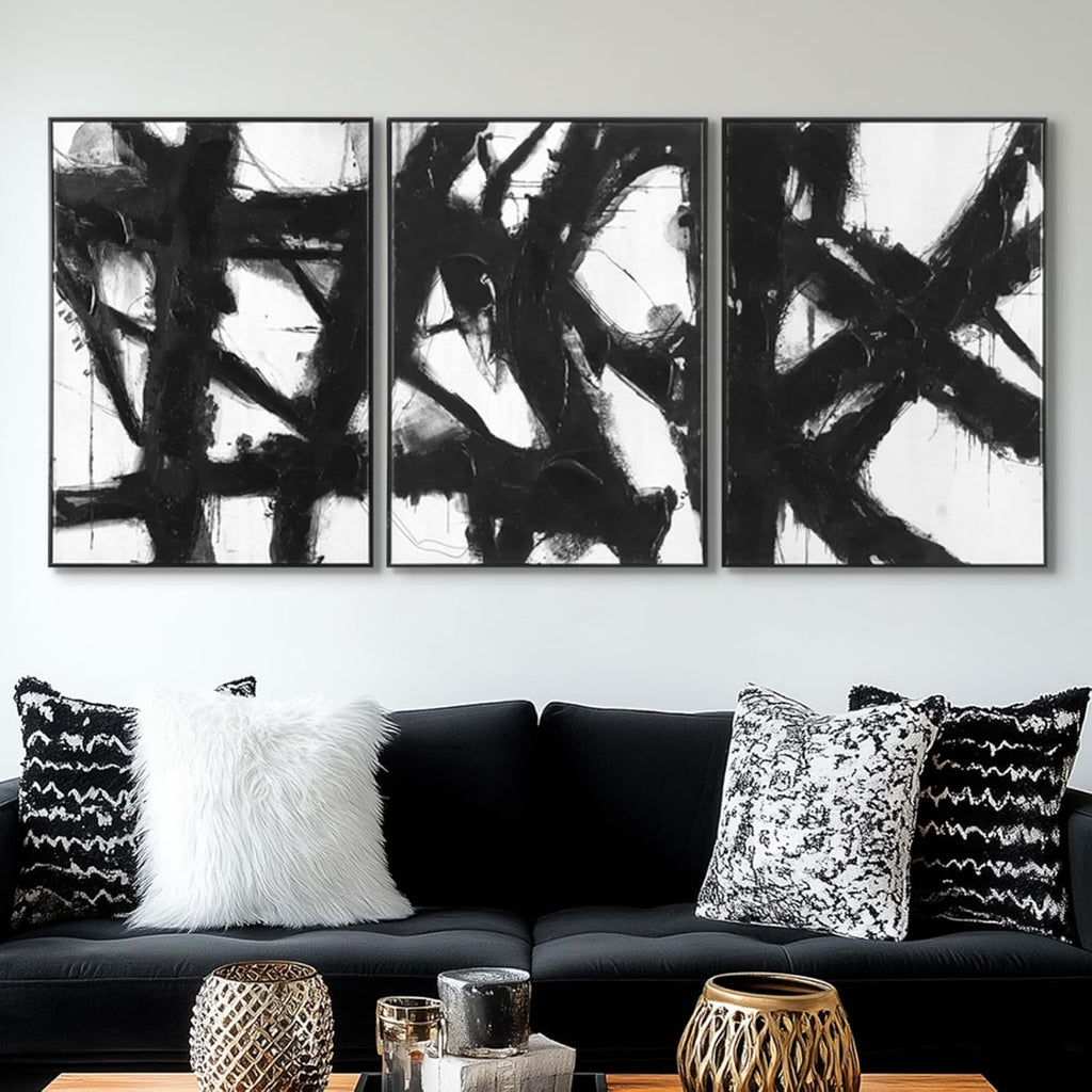 Black and White Abstract Canvas Wall Art - Framed 3 Pieces 20 x 28 Inches Modern Painting Prints with Hand-Painted