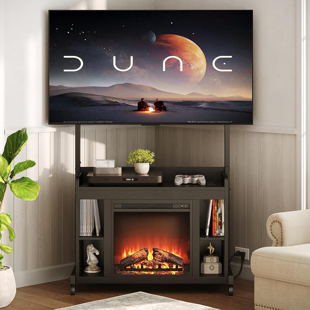 Corner Fireplace TV Stand for TVs 45–75 Inches, Entertainment Center with Power Outlet and 18 Inch Electric Fireplace, Height Adjustable, Black