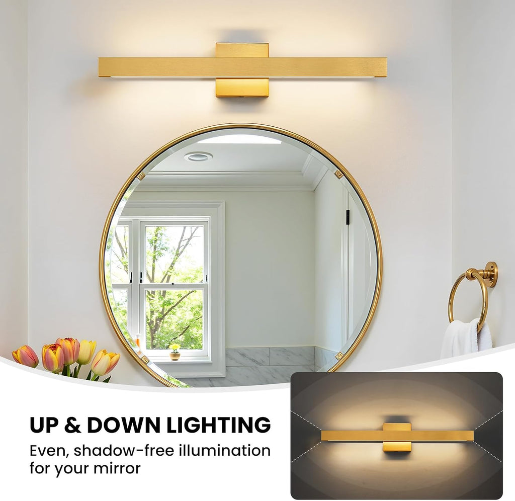 24 Inch Modern Vanity Light Gold Bathroom Light Fixture Over Mirror with Up & Down Lighting 20W Vanity Lighting
