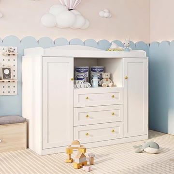 White Changing Table Baby Dresser with Changing Table Top,47'' Wide Kids Nursery Dresser with