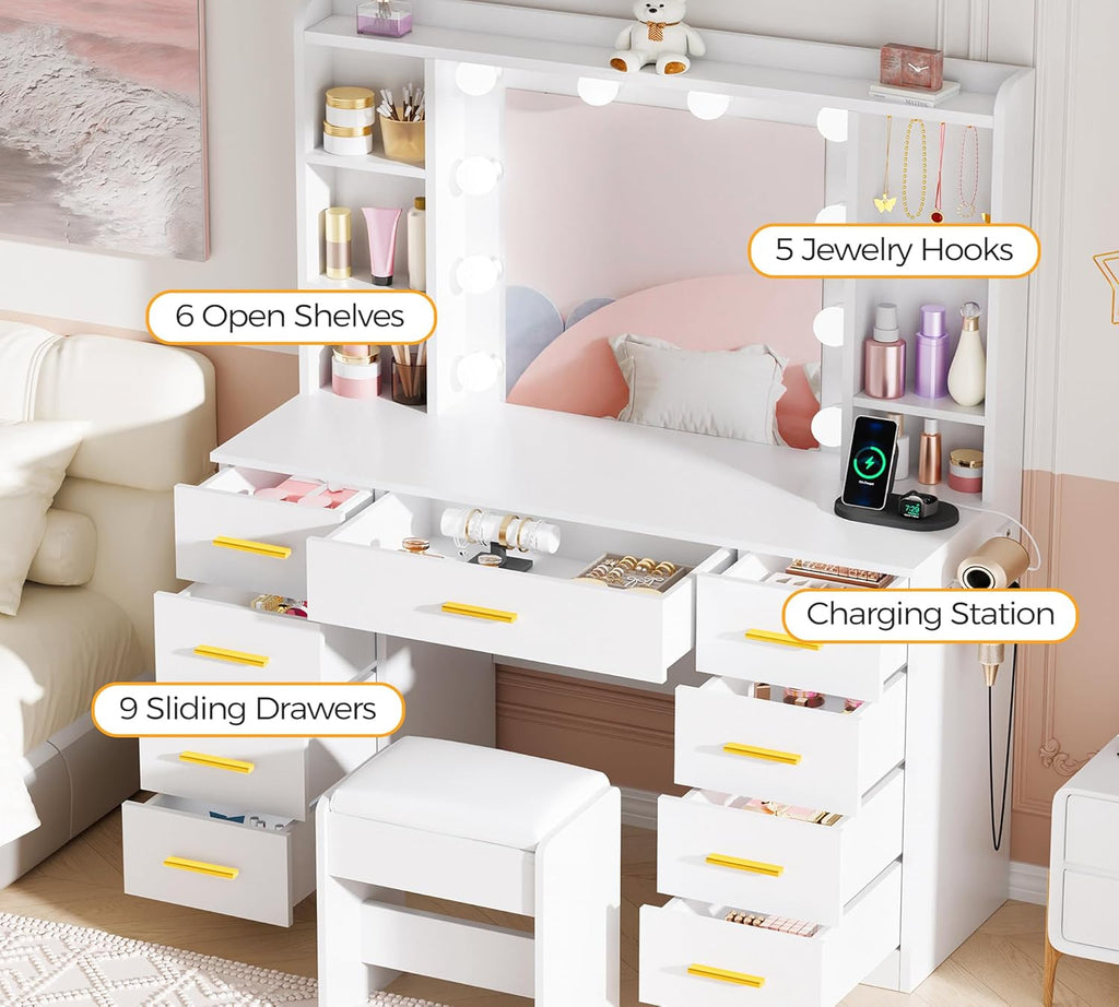 9-Drawer Makeup Vanity Desk with Lighted Mirror Hair Dryer Holder | White Vanity Dressing Table with Cushioned Stool