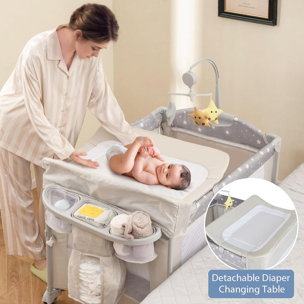 5-in-1 Pack and Play, Portable Baby Bedside Sleeper with Bassinet, U-Shaped Diaper Changer, Safety Strap, Side