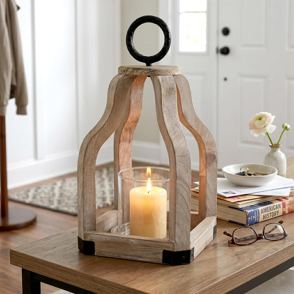 13" Rustic Farmhouse Wood Candle Hurricane Lantern with Glass Candlestick Holder for Patio, Table Centerpiece, White