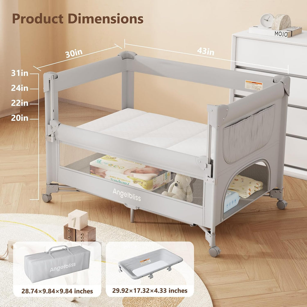 Pack and Play, Baby Bassinet Bedside Crib with Changer, Grey | One-push setup, mattress, breathable mesh, adjustable