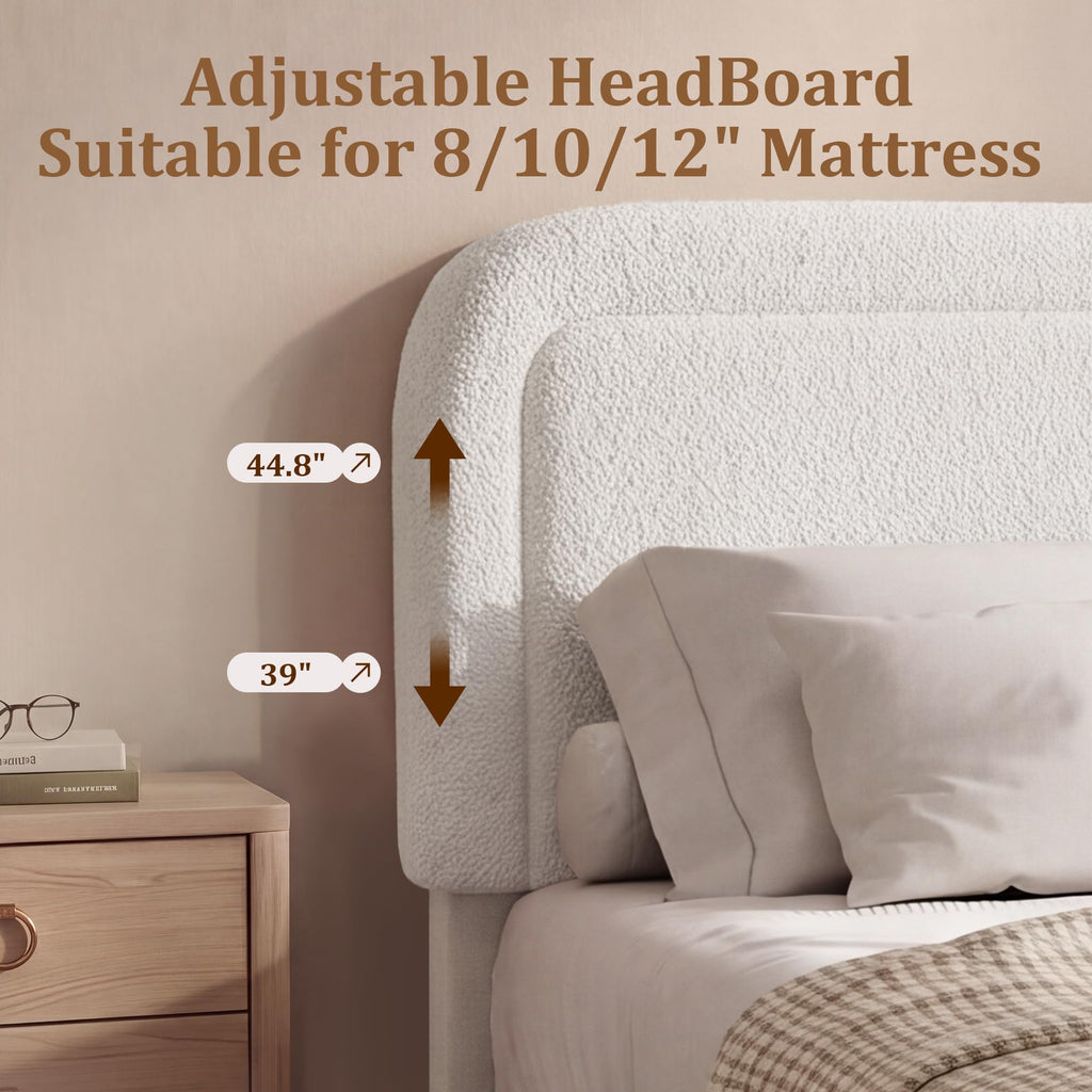 Boucle Full Size Bed Frame with Adjustable Headboard, Upholstered Cloud Platform Bed Frame with Wood Slats