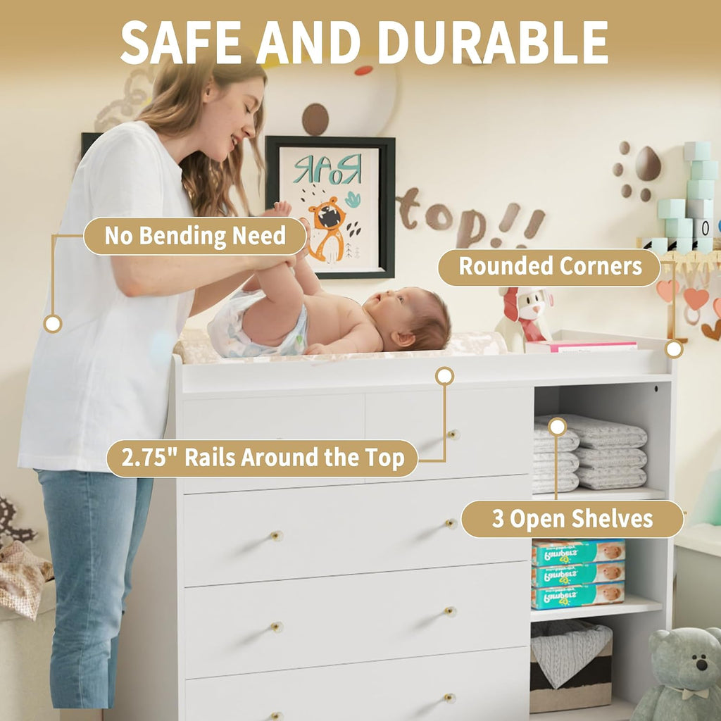Baby Dresser Changing Table with 5 Drawers(47.2" W x 19.6" D x 36.2" H) | Waterproof Diaper Changing Station with 3
