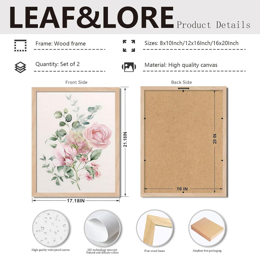 Framed Botanical Wall Art Set of 2, Pink Floral Canvas Prints with Natural Wood Frame & Acrylic Cover, Modern