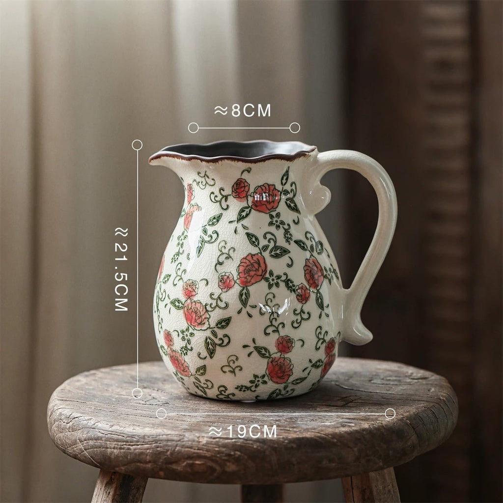 Vintage Ceramic Vase - 8.2 Inch Hand-Painted Roses with Ice Crackle Glaze Finish, American Farmhouse Style Pitcher Vase