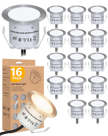 Recessed LED Deck Light Kits(16Pack), 12V Low Voltage Landscape Lighting IP67 Waterproof Outdoor Step Stair Lights