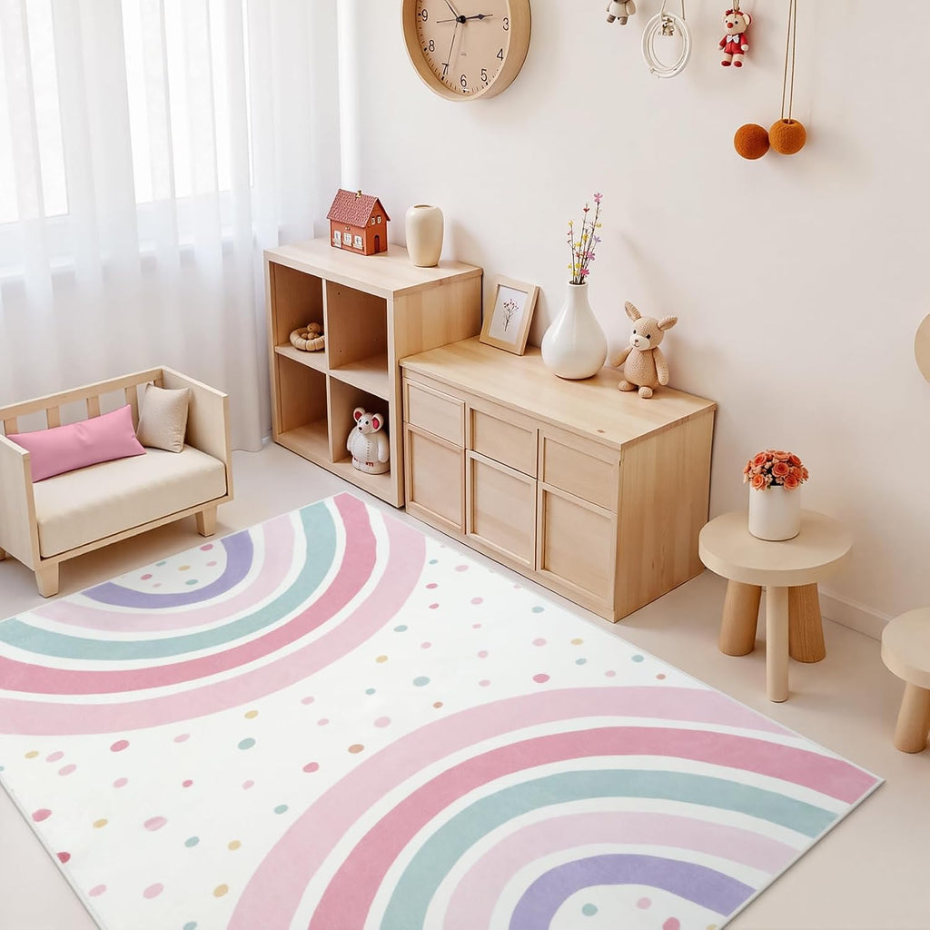 5x7 Washable Rainbow Rug for Girls Bedroom, Soft Polka Dot Pink Rug for Girls Room Nursery, Non-Slip Large Kids