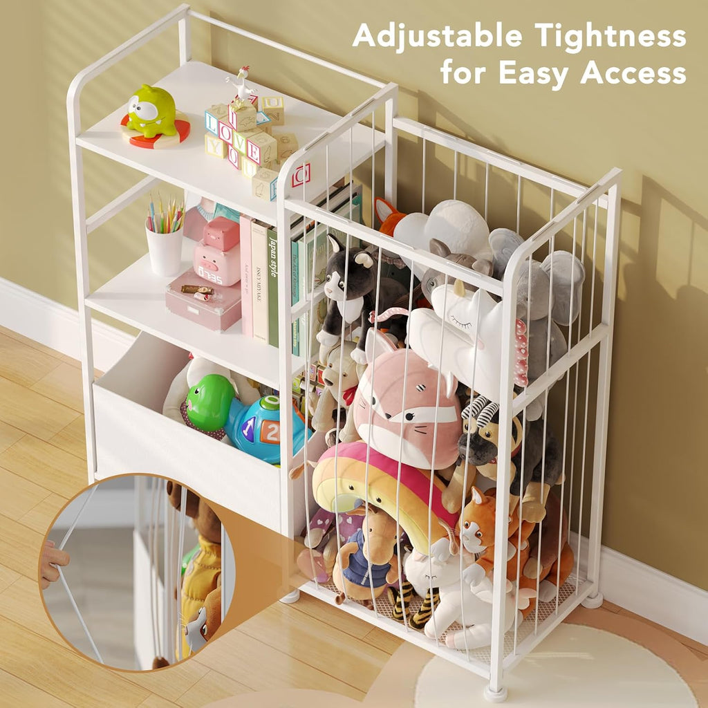 Kids Bookshelf and Toy Storage Organizer, Stuffed Animal Storage Holder with Fabric Toy Chest, 2-Tier Toddler Book