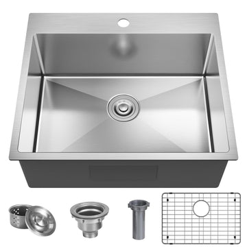 25 x 22 Inch Drop In, Single Bowl Topmount Prep Sink 18 Gauge Stainless Steel with Grid and Basket Strainer