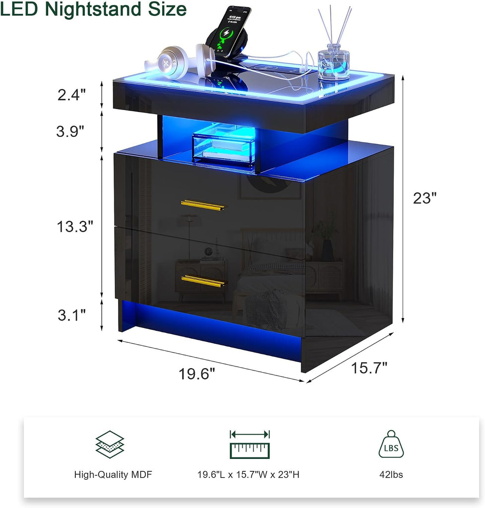 LED Nightstand with Charging Station (USB,Type-C Ports) High Gloss Bedside Table with 2 Drawers, Smart Night Stand