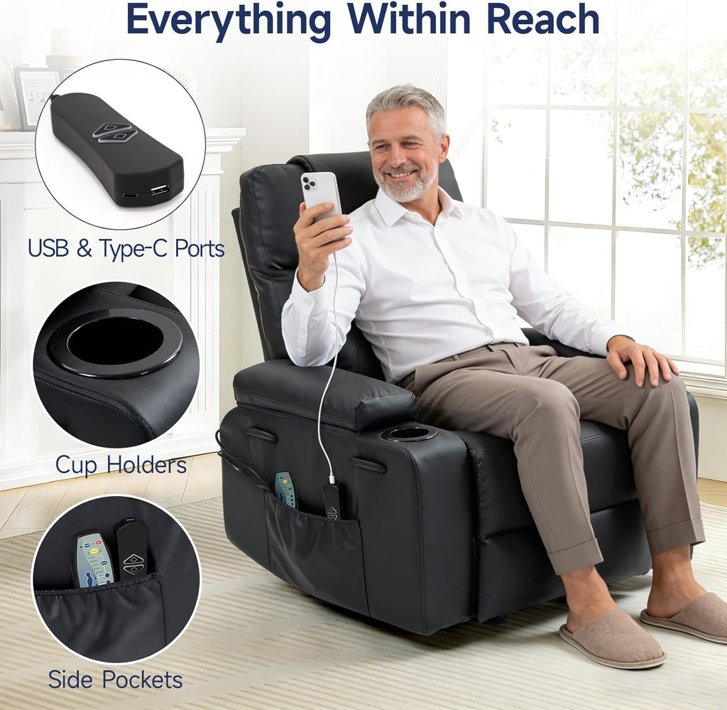 Power Lift Recliner Chair for Elderly with Massage & Heat, PU Leather Electric Recliner with USB Charge Port, 160°