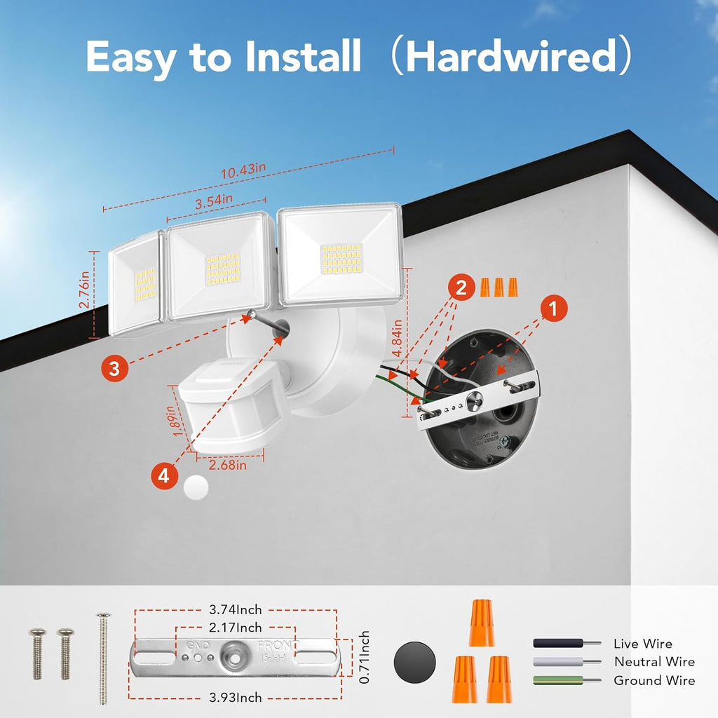 42W 6500LM Motion Sensor Outdoor Flood Light, Hardwired LED Security Light, 4 Lighting Modes, Dual PIR 240°