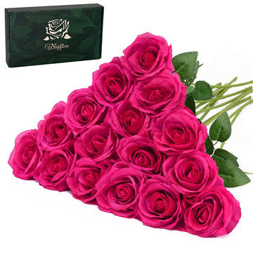 16 Pcs Fuchsia Roses, Long Stem Fake Roses Artificial Flowers, Silk Flowers Bouquet for Valentines Mothers Day