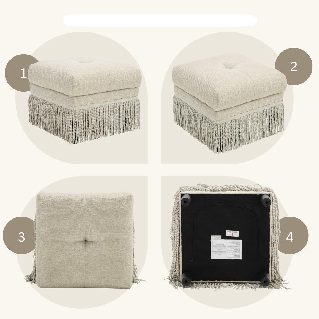 Upholstered Ottoman Footstool with Fringe Skirt, 21.5" Square