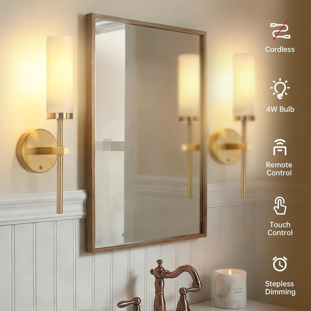 Battery Operated Wall Sconces Set of 2, Gold Rechargeable Wall Lighting Fixtures, Dimmable Wall Lights with Remote &