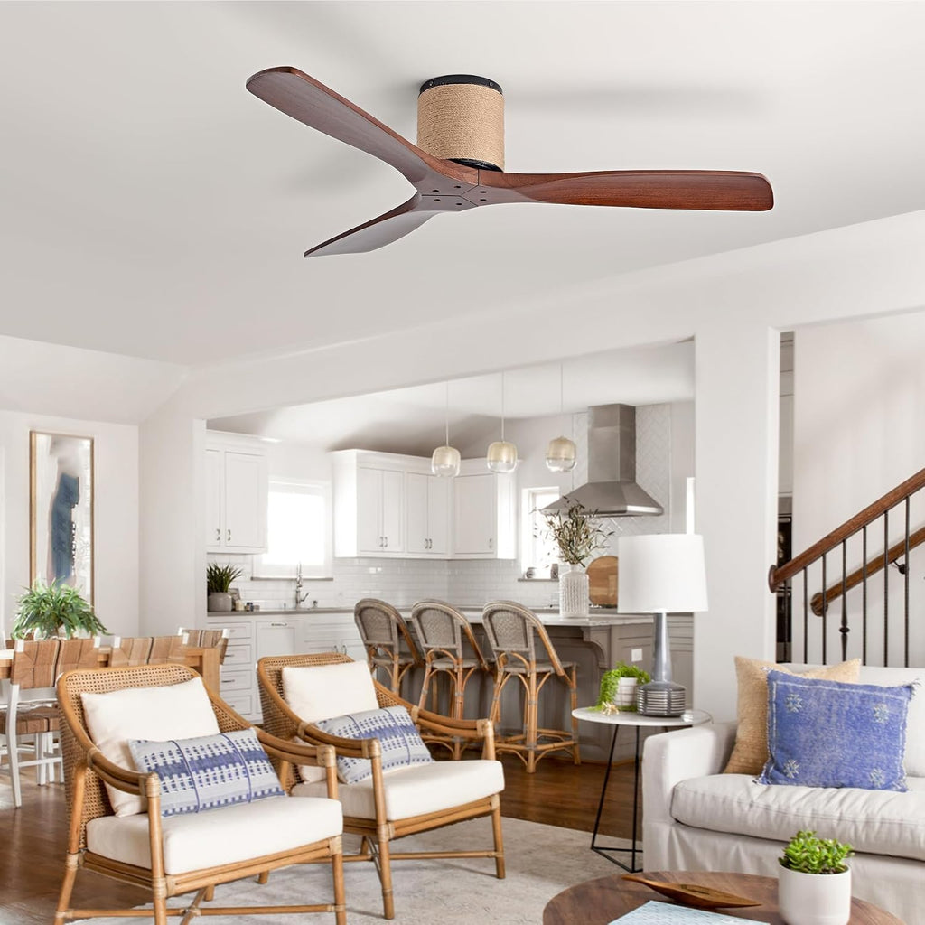 52" Low Profile Ceiling Fan No Light, Boho Farmhouse Flush Mount Ceiling Fan with Remote, Solid Wood Blades