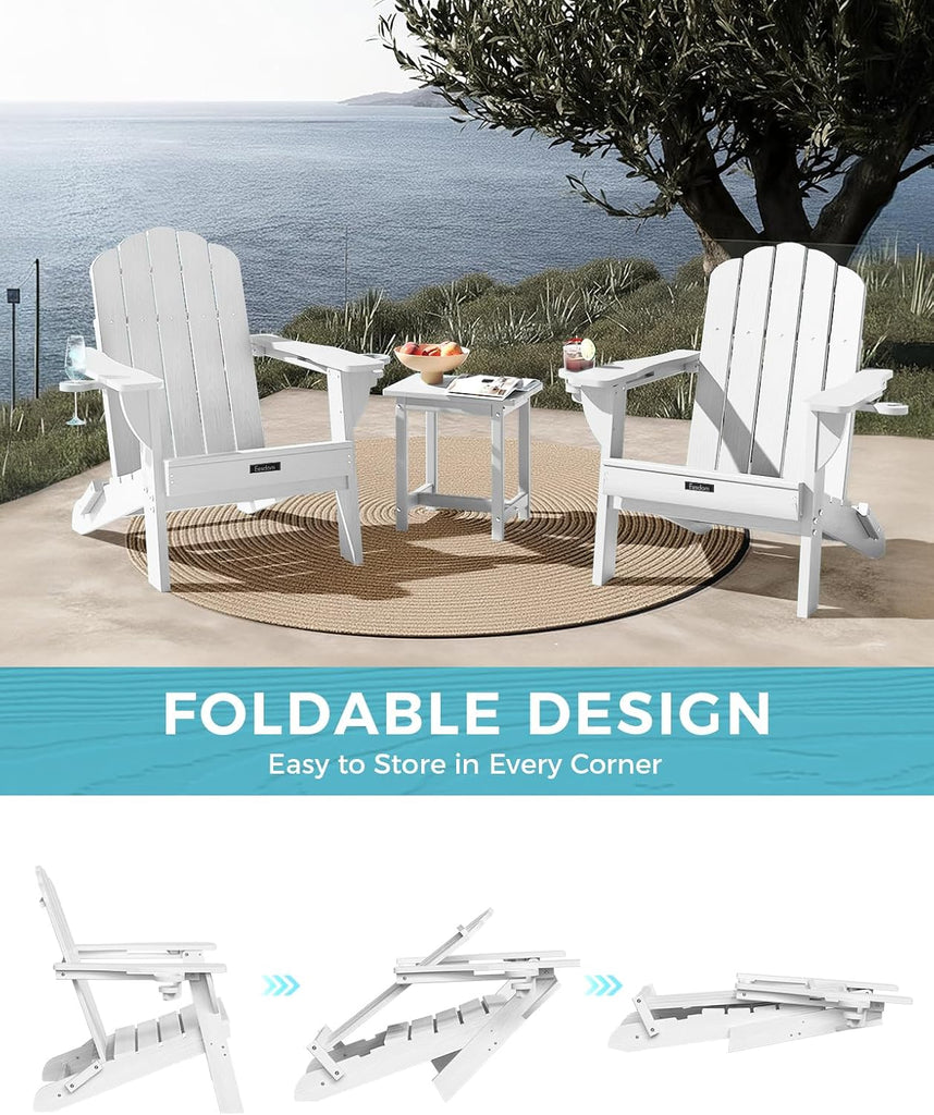 Folding Adirondack Chairs Set of 2, HDPE Outdoor Chair with 2 Cup Holders | All-weather, Wooden Texture, Oversized