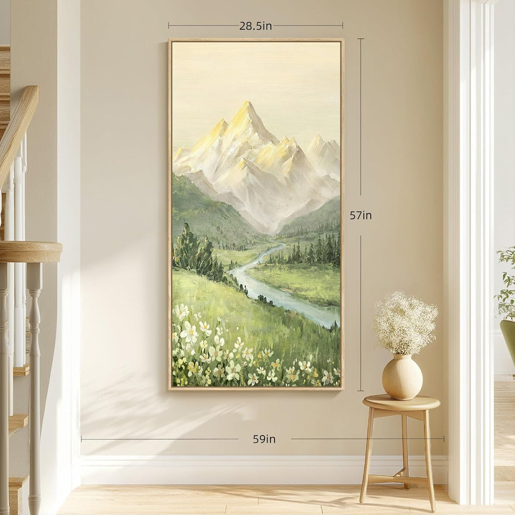 Framed Large Mountain Wall Art , Vertical Green Forest Landscape Canvas Artwork for Walls, Nature Scenery Painting