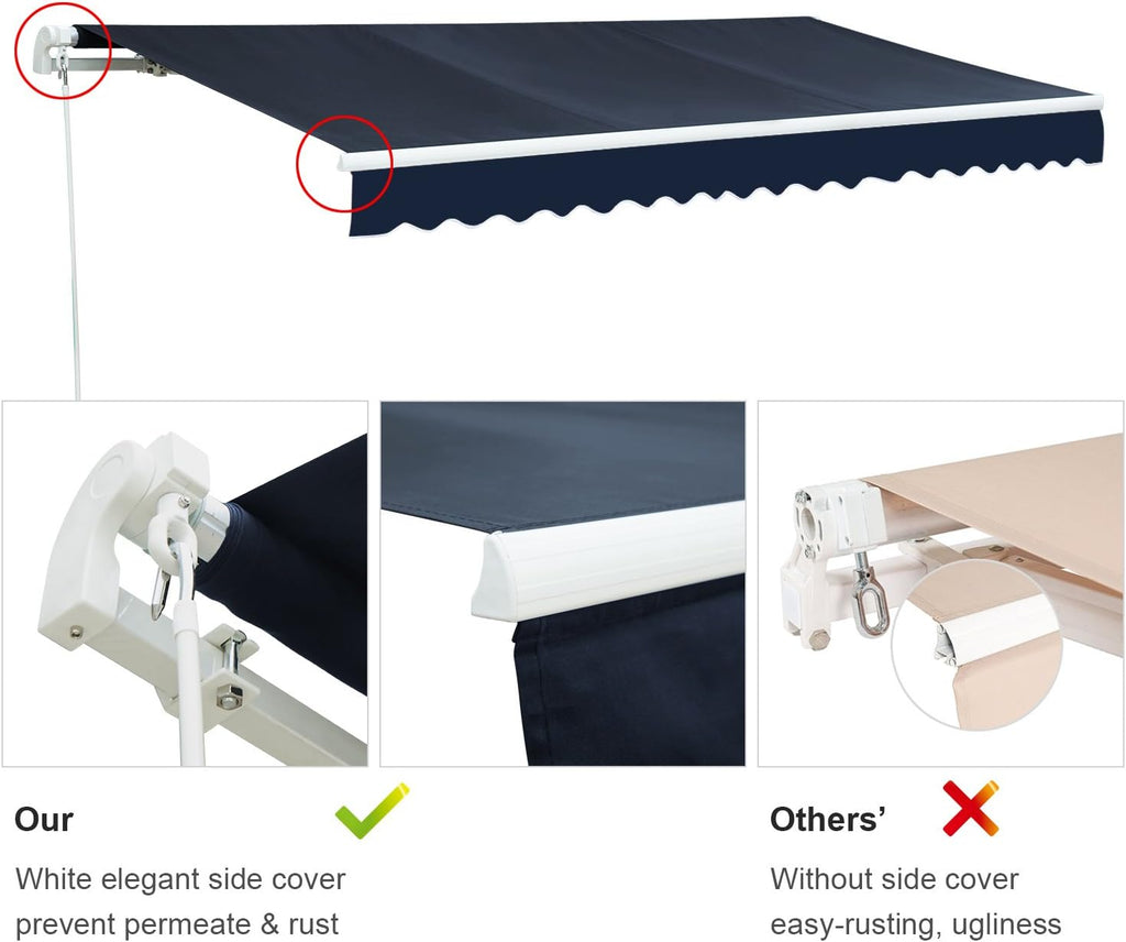 12'x8' Patio Awning Retractable Fully Assembled, Manual Commercial Grade Awnings - Quality 100% 280G Ployester Window