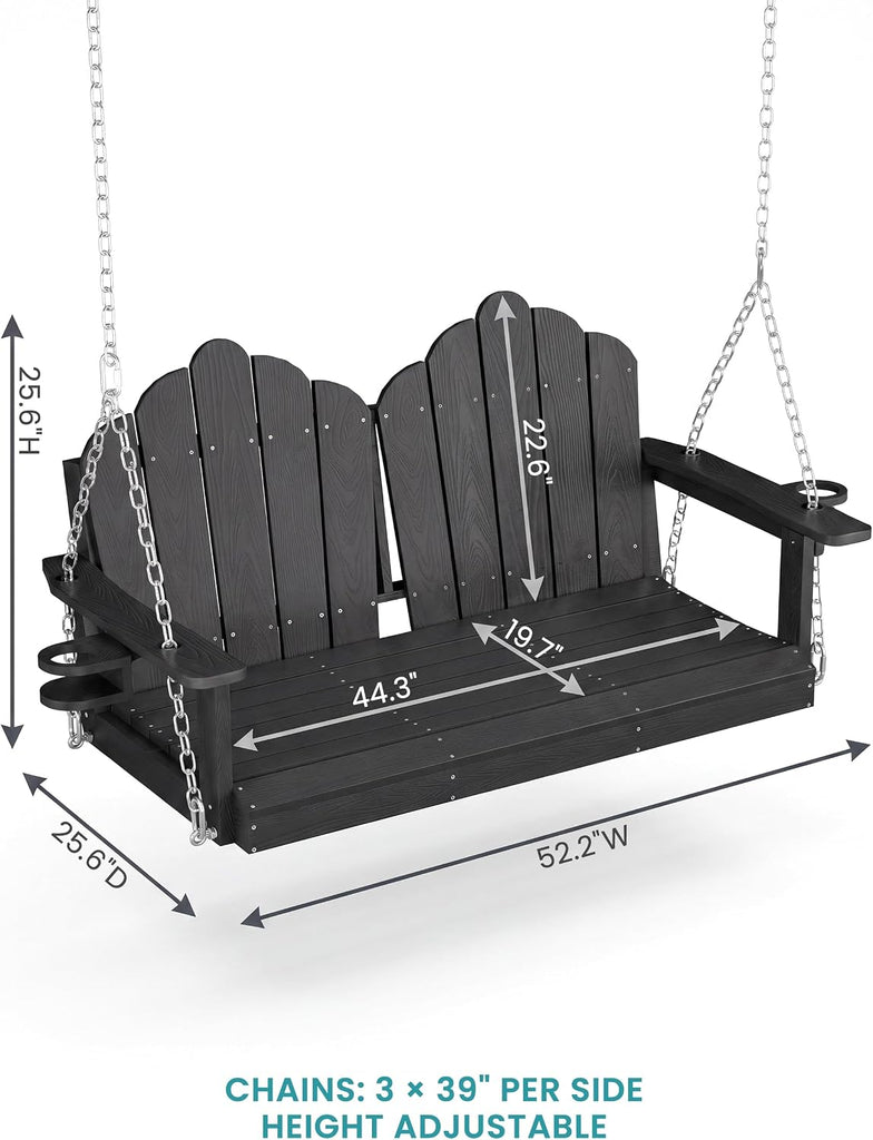 Porch Swing Bench for Adults, HDPE Wood Grain Outdoor Swing, Black | 2 seat for a couple or parent and child; two cup