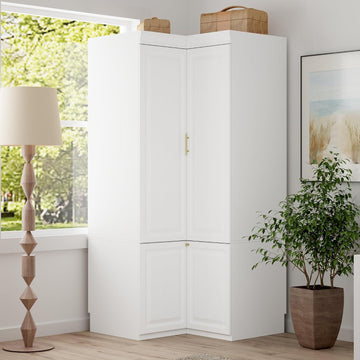 Corner Armoire Wardrobe Closet with Drawers, White Coat Closet with Doors, Modern Tall Wardrobe Corner Cabinet Closet