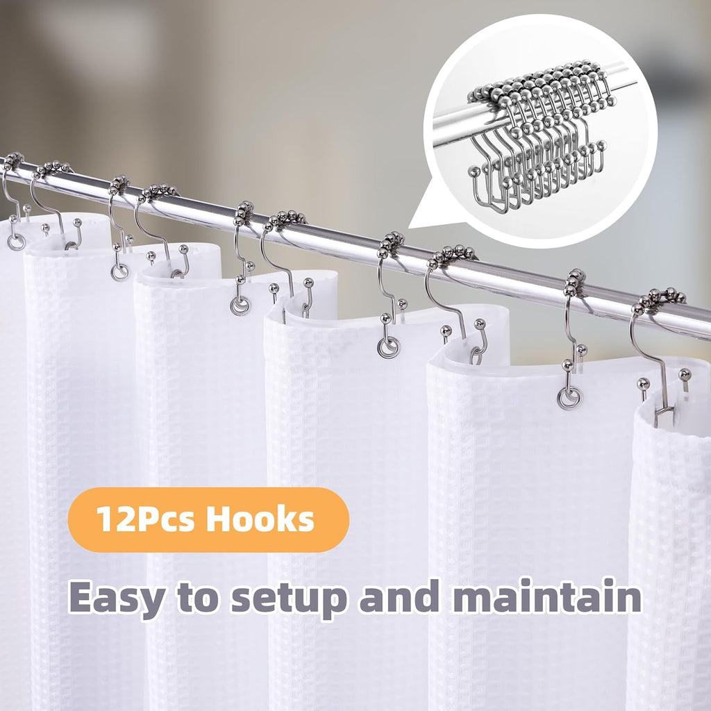 Waterproof Waffle Shower Curtain, 258GSM Heavy Duty 3 Piece Set with Clear Liner and 12 Stainless Steel Hooks