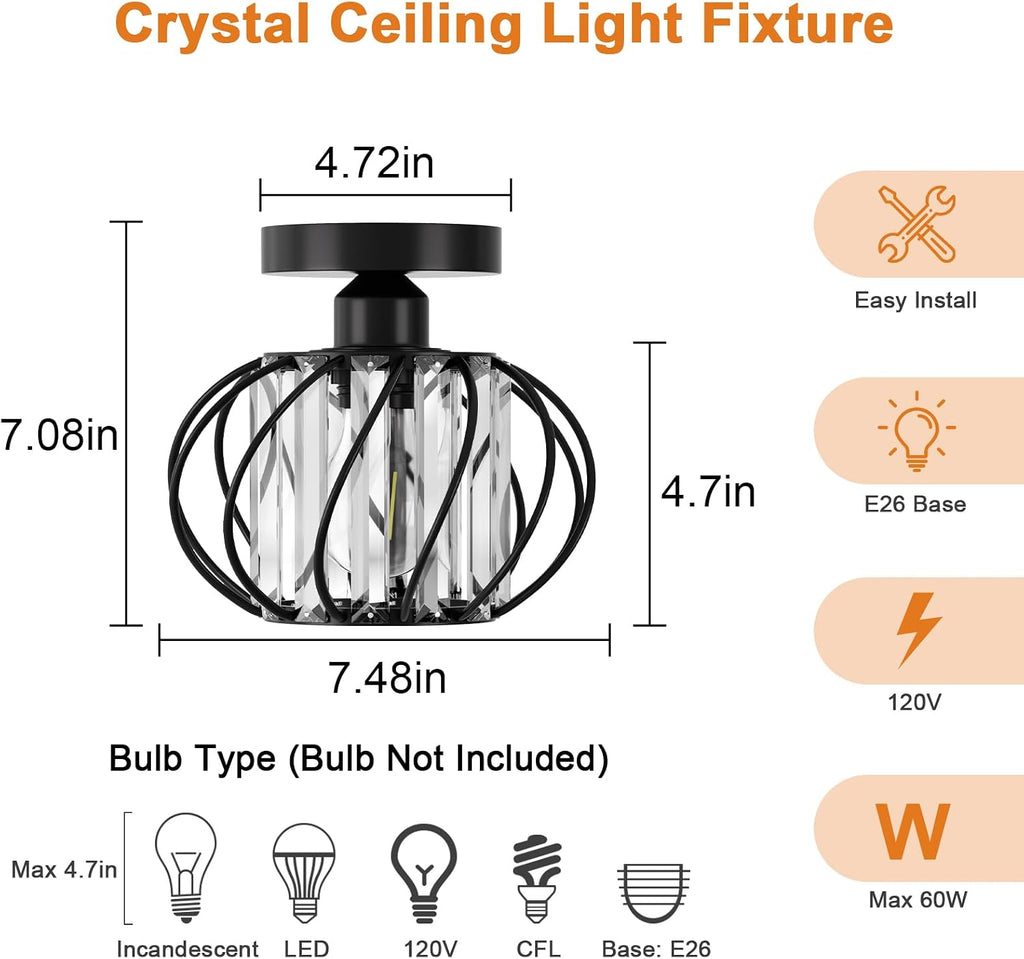 Black Crystal Ceiling Light Fixture - Crystal Chandelier Small Semi Flush Mount Ceiling Light Modern Lights Ceiling