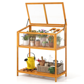 Wood Cold Frame Greenhouse, Raised Flower Planter Protection with Transparent Openable Roof & Slatted Shelf, Indoor