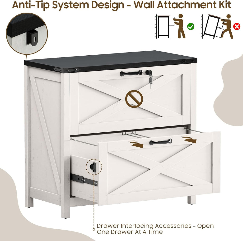 Farmhouse Lateral File Cabinet with 2 Drawers, White and Black | Lateral Filing Cabinet with Lock for Letter/A4/Legal