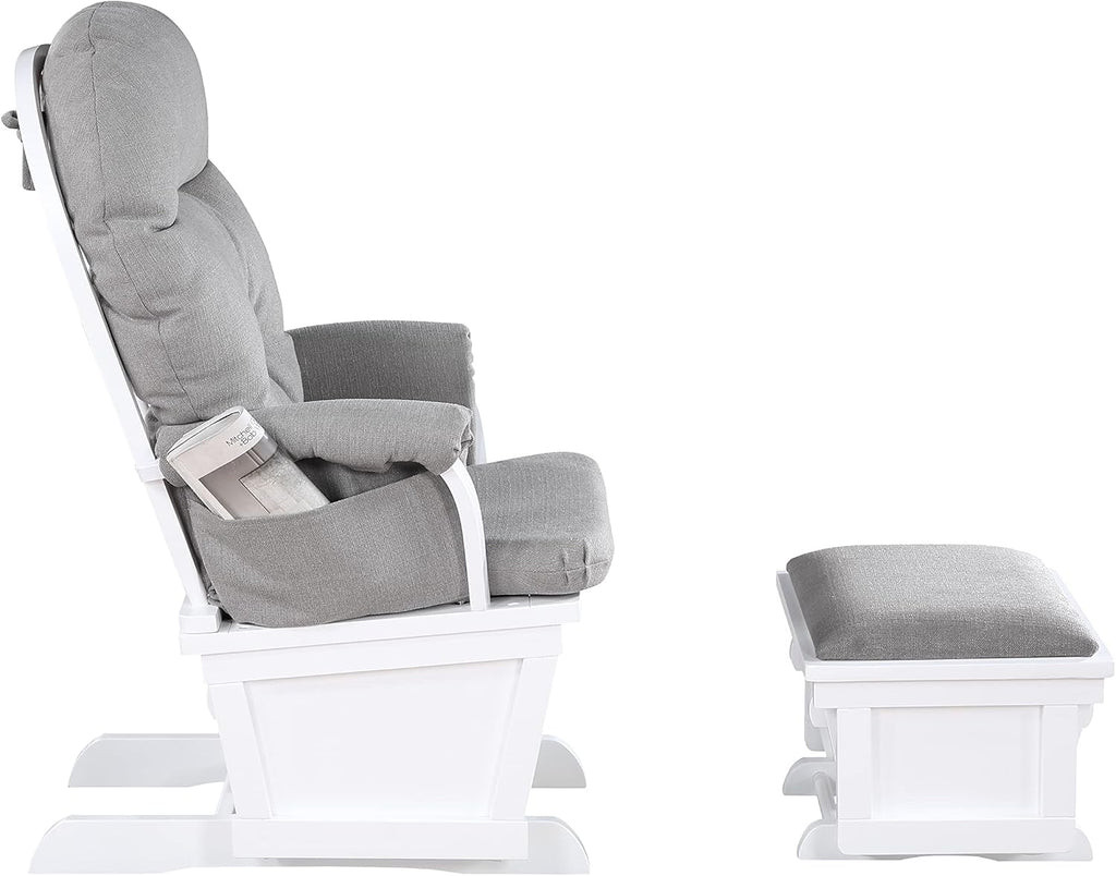Nursery Rocking Chair with Ottoman, Wooden Glider for Baby Nursing, Smooth Gliding Rocker, White and Oyster