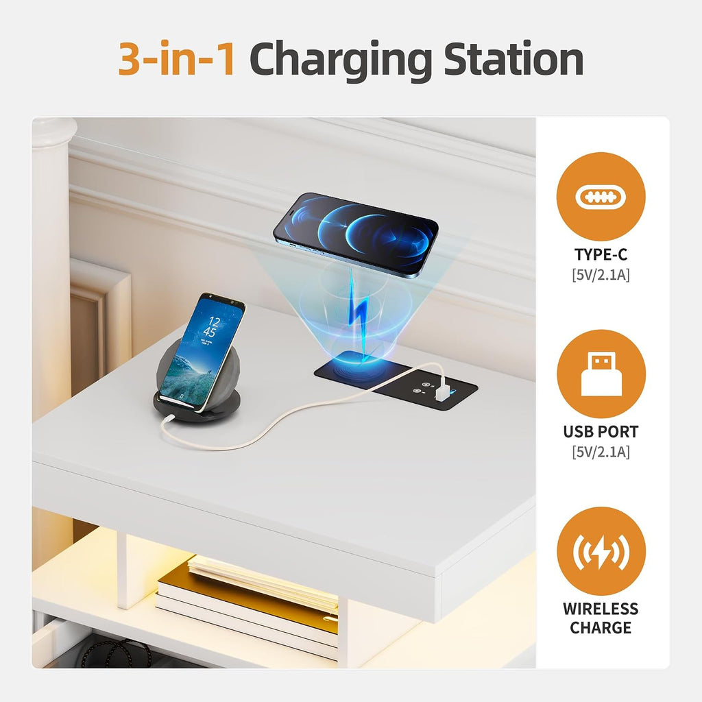 Lockable Night Stand - with Gun Drawer,LED Nightstand with Charging Station,Bedside Table with Human Sensor 3-Color