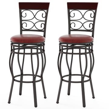 30 Inches Bar Height Bar Stools Set of 2, 360 Degree Swivel Retro Tall Metal Barstools with Leather Padded Seat and