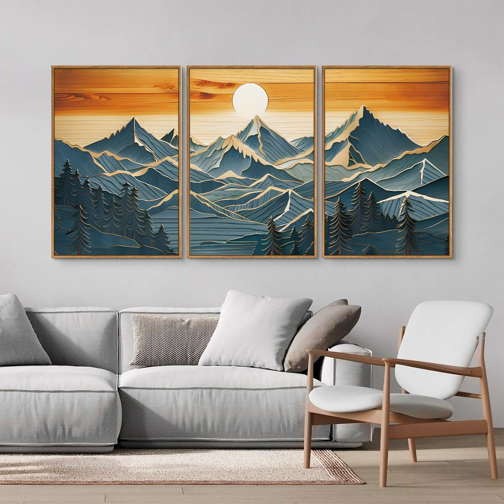 Large Mountains Framed Canvas Wall Art Set of 3, Boho Nature Woodcut Forest Art Prints, Mid Century Modern Wall