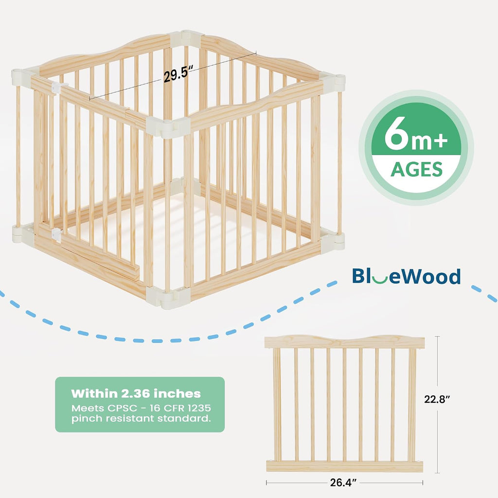 Foldable Wooden Playpen - Adjustable Wood Baby Play Yard with Child-Proof Lock, 12 Panels