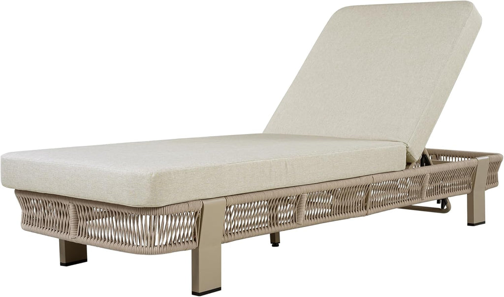 Outdoor Chaise Lounge with Water-Resistant Cushion, 400lbs Capacity, Beige | Metal & Rope Frame, Adjustable Backrest