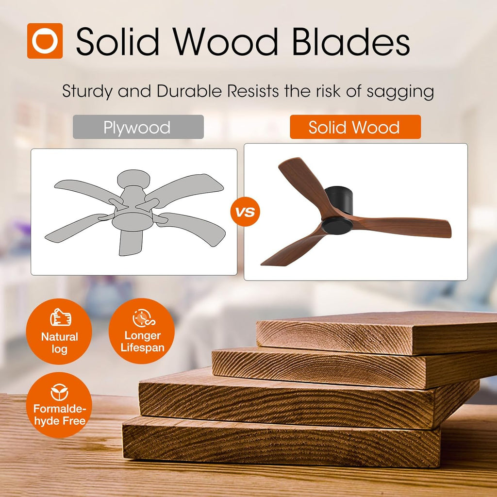 52 inch Ceiling Fans No Lights, Low Profile Ceiling Fan with Remote Control, Flush Mount, Reversible, 3 Wood Blades, 6 Speeds, Noiseless, Black Walnut Ceiling Fan for Indoor/Outdoor Use