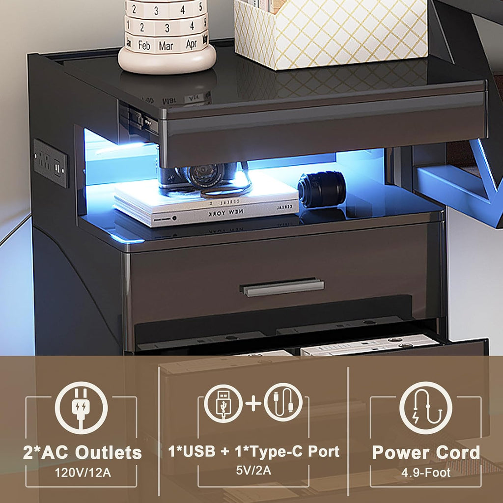 Led Nightstand with Hidden Space, Modern Night Stand with Charging Station, 3 Drawer Smart Nightstand with Glossy