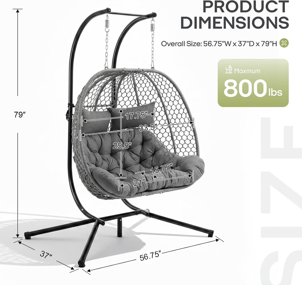 Double Egg Chair with Stand for 2 Persons, Oversized Patio Hanging Basket Chair, Honeycomb Wicker Swing Chair with